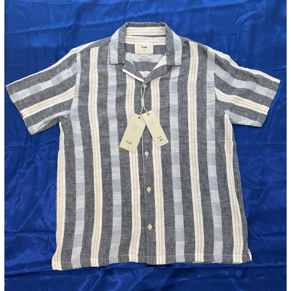 Folk Men's Linen Blend Blue Gray and Cream Vertical Stripe Camp Shirt - Medium